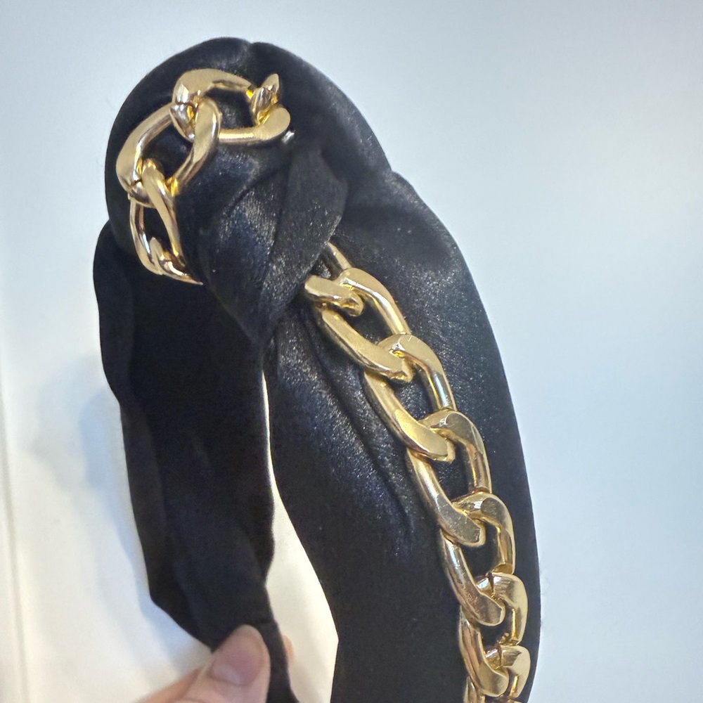 Aldo Black Satin Headband with Chunky Gold Chain Detail
